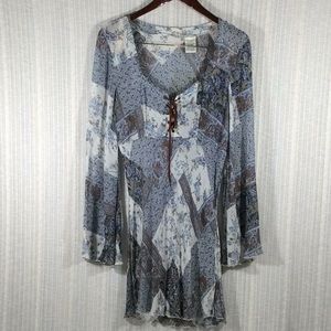 Boho Fairy Grunge 90s Patchwork Sheer Tunic Top Large